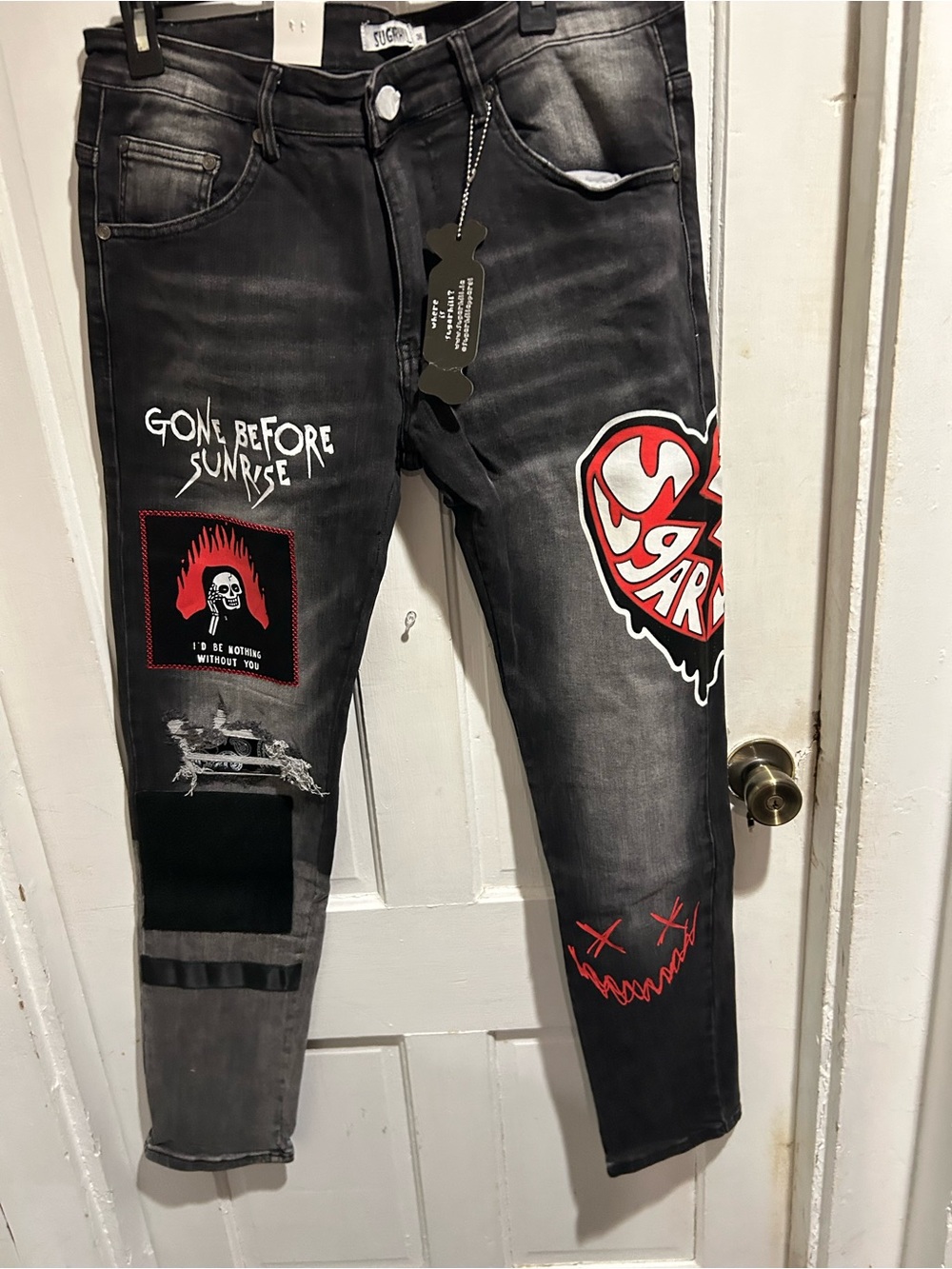 Sugar Black Skinny Jeans with Red Graphic Patches